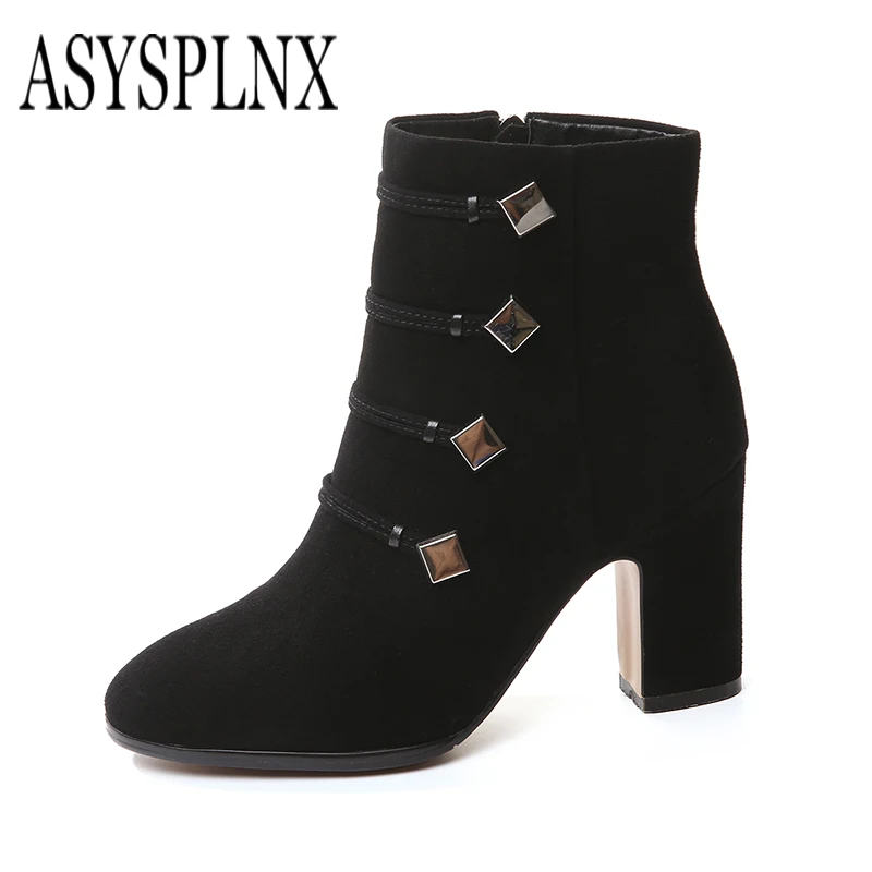 ASYSPLNX/2018 брендовые зимние из флока женские ботильоны с круглым носком на толстом