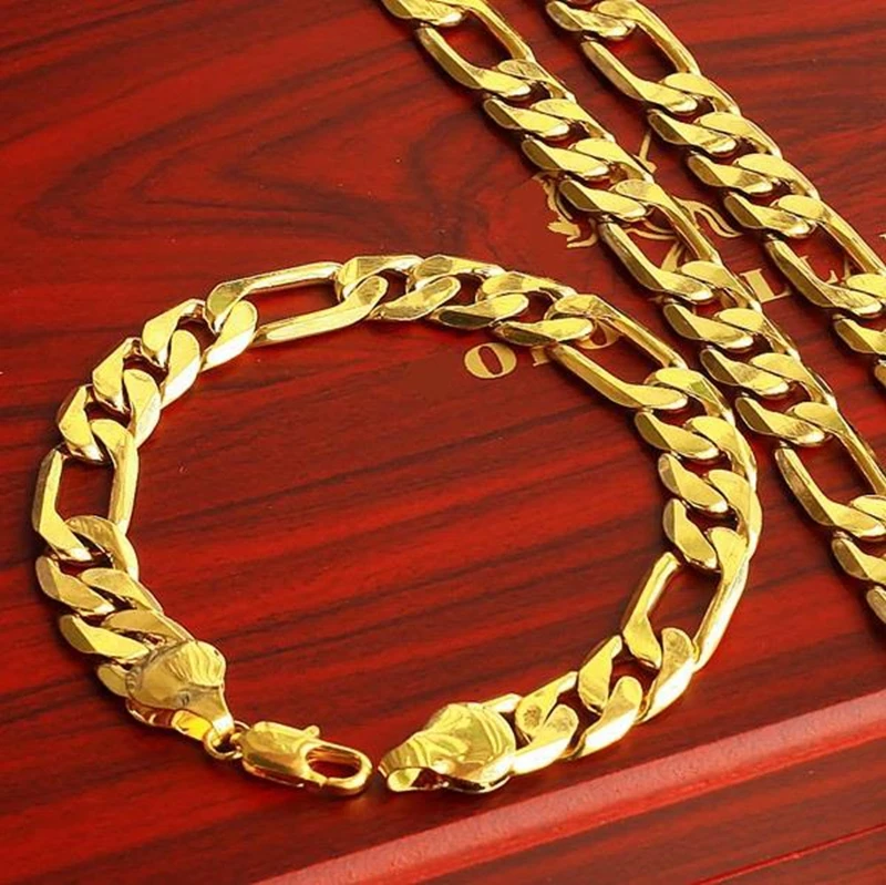 

10mm Yellow Gold Filled Men's Bracelet+Necklace 23.6"+9.0" Chain Set Cool Type