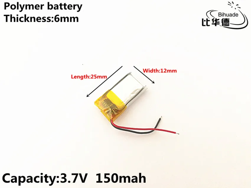 1pcs/lot 3.7V,150mAH,601225 Polymer lithium ion / Li-ion battery for TOY,POWER BANK,GPS,mp3,mp4
1pcs/lot 3.7V,150mAH,601225 Polymer lithium ion / Li-ion battery for TOY,POWER BANK,GPS,mp3,mp4