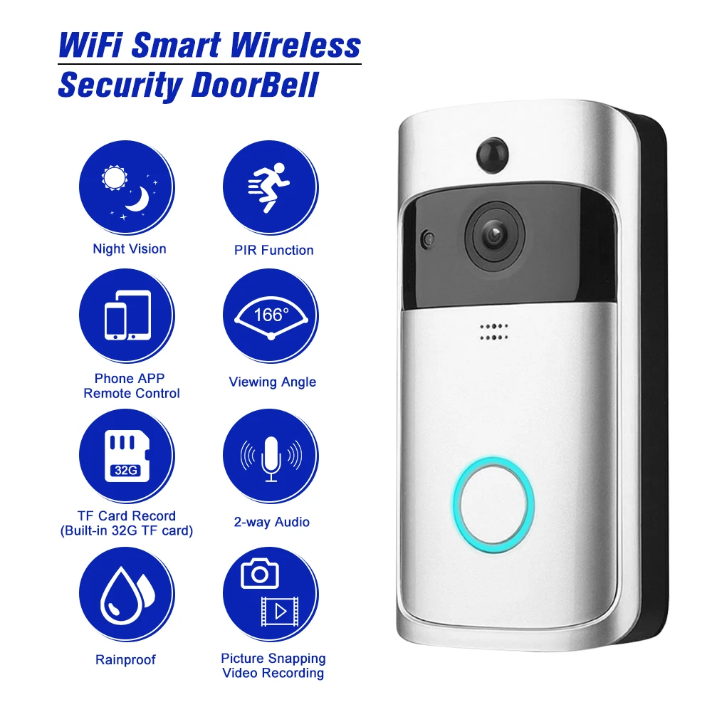 Видеодомофон с записью, умный беспроводной дверной звонок с Wi-Fi, 720P, визуальное удаленное домашнее наблюдение, ночное видение
Видеодомофон с записью, умный беспроводной дверной звонок с Wi-Fi, 720P, визуальное удаленное домашнее наблюдение, ночное видение