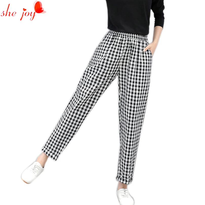 

Spring Summer Women Pants Englans Style Plaid White Black Check Trousers for Female Women's Pants Cotton Elastic Waist Big Size