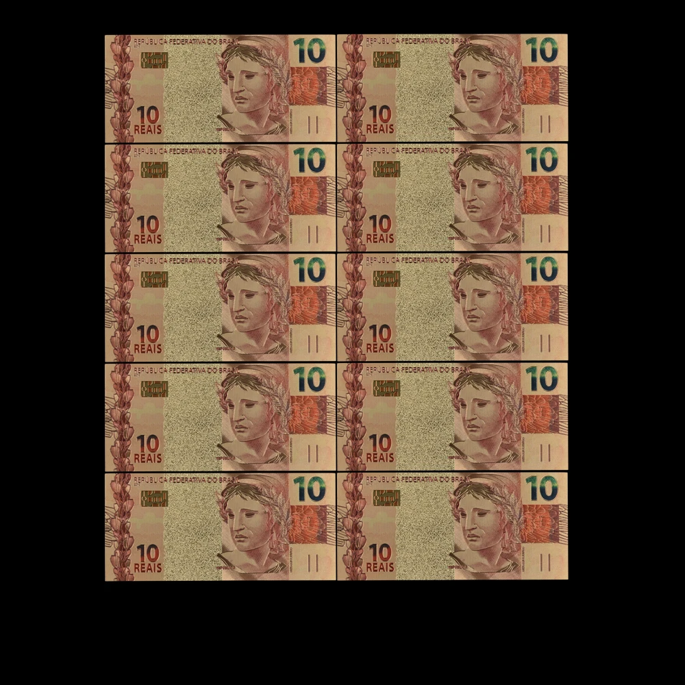10Pcs/Lot Boutique Nice Brazilian Gold Banknotes 10 Reais Currency Paper Colorful 24k Gold Plated Replica Money Collection
10Pcs/Lot Boutique Nice Brazilian Gold Banknotes 10 Reais Currency Paper Colorful 24k Gold Plated Replica Money Collection