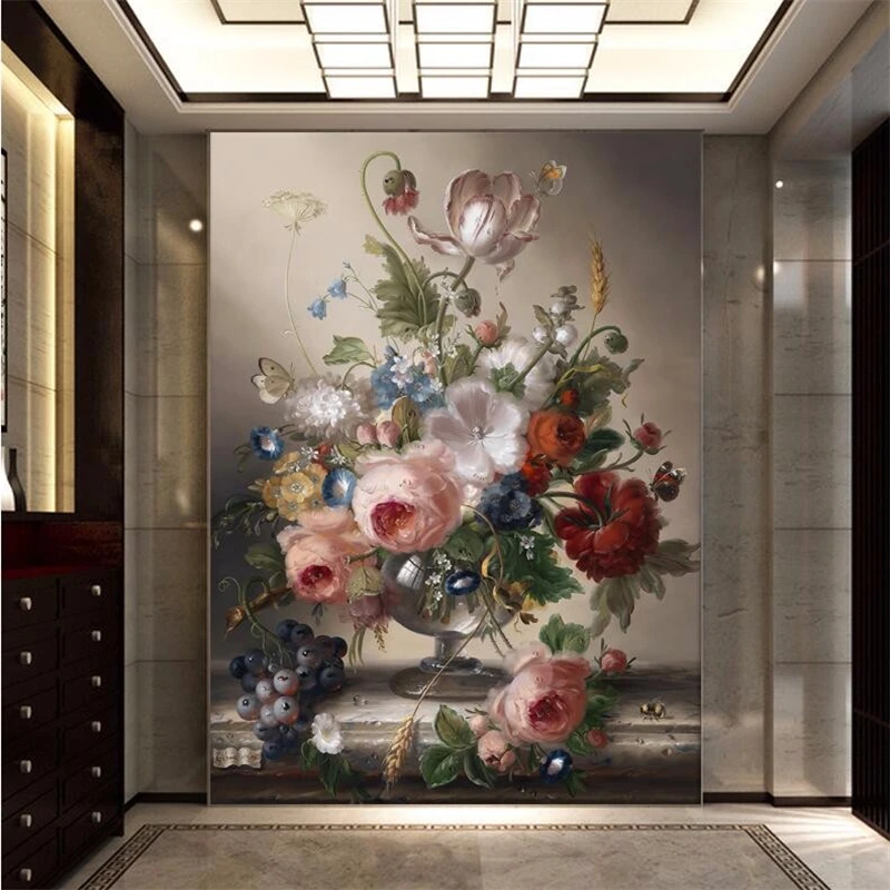 

beibehang photo wallpaper quality flash silver cloth Simple and romantic living room decorative painting noble vase large mural