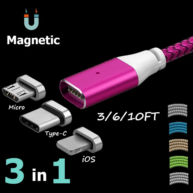 Магнитный адаптер 3/6/10 футов 3 в 1/IOS/Micro/USB-C плетеный кабель для быстрой зарядки Samsung