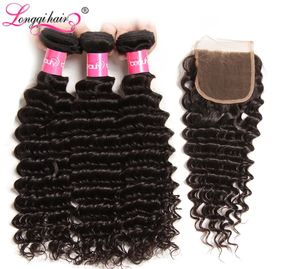 Longqi волосы перуанские глубокая волна пучки с закрытием 4x4 натуральные 100% Remy