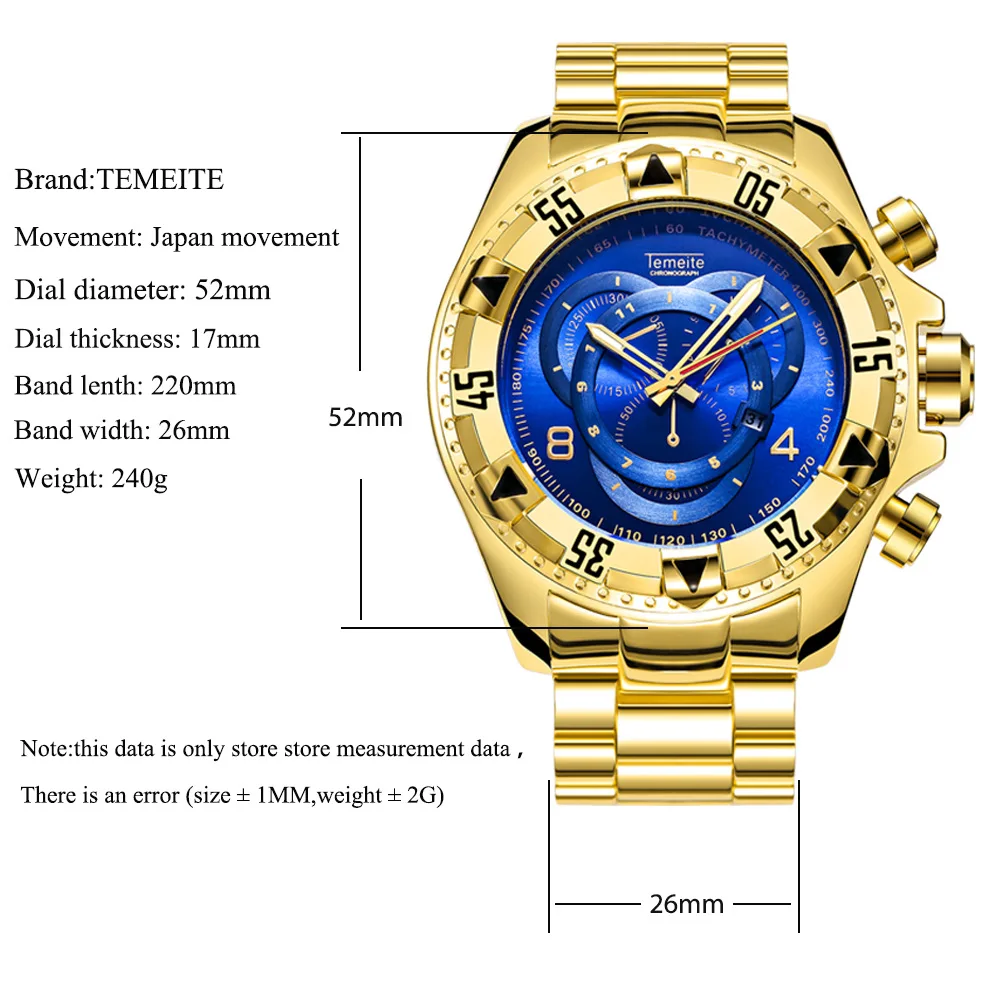 men wristwatches Large dial stainless steel temeite brand man watches waterproof calendar luxury gold blue fashion male clocks | Наручные