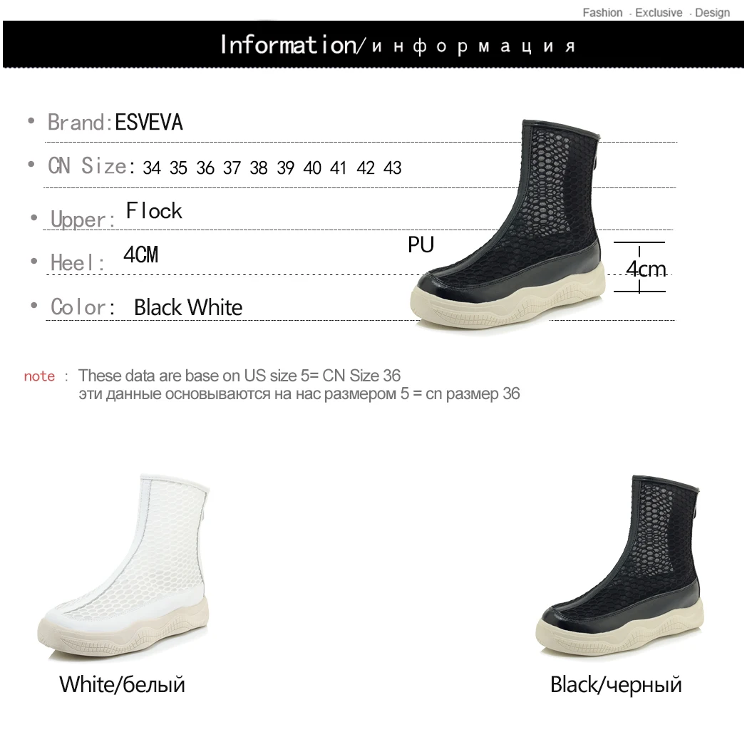 ESVEVA 2019 Women Shoes Mesh Surface+PU Leather Flat Heel Round Toe Cut Outs Zipper Shoes Spring/Autumn Size 34-43