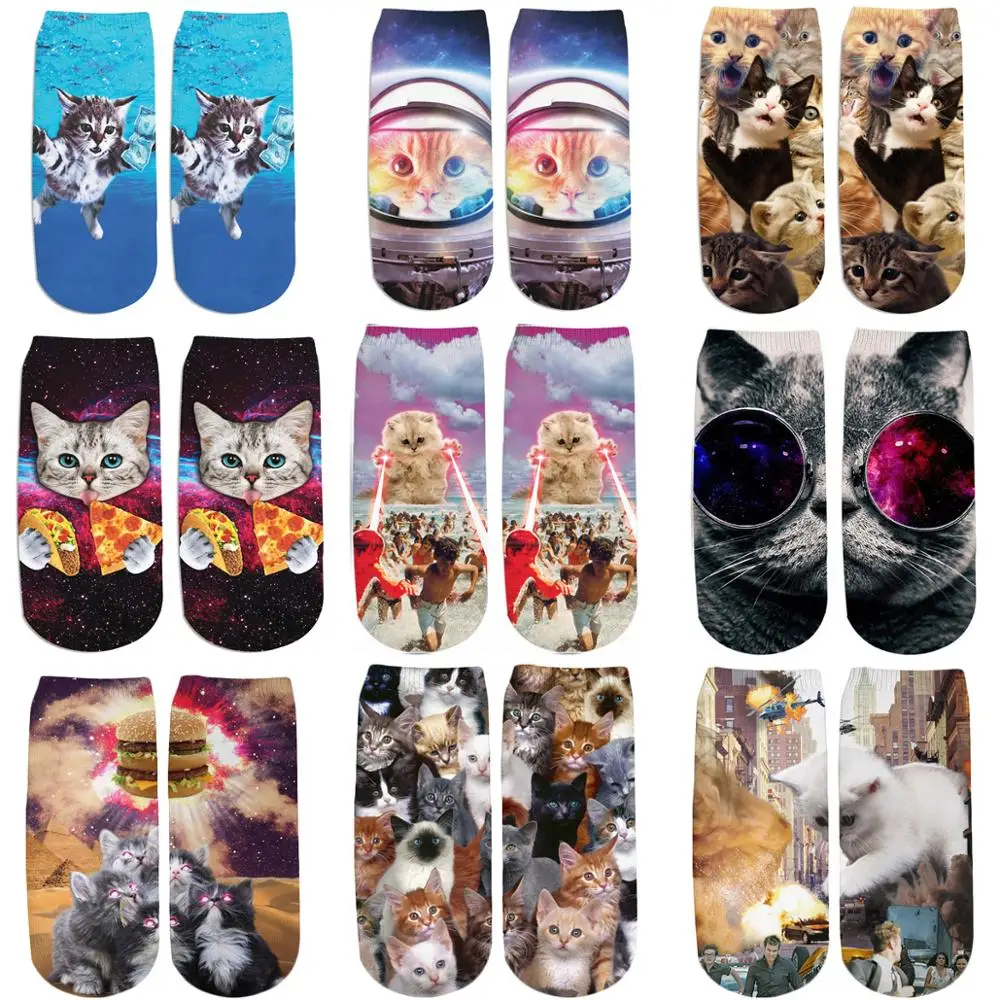 

PLstar Cosmos 2019 New 3D Printed Animal space Cat eating pizza cute cotton short ankle socks for Men Women harajuku korean sock