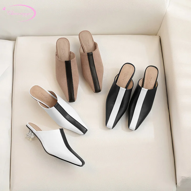 European street style summer square toe slippers fashion color matching white apricot black medium heel thick women shoes
European street style summer square toe slippers fashion color matching white apricot black medium heel thick women shoes
