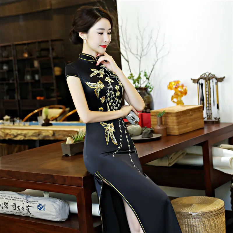 Шанхай история черный Qipao длинное китайское платье с цветочным принтом китайский