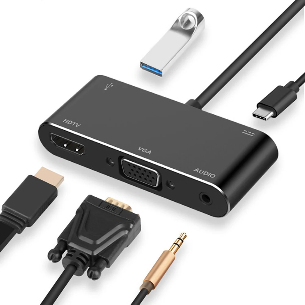 Новинка 5 в 1 USB-C Type-C к HDMI/VGA/USB3.0/PD (зарядка)/3 мм аудио USB концентратор адаптер