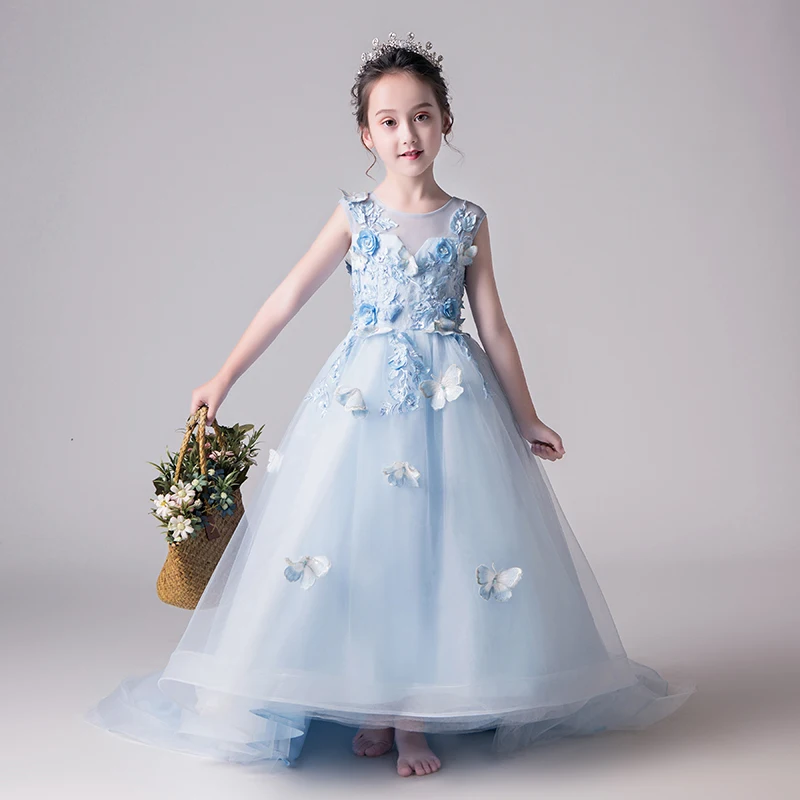 Элегантное детское летнее платье для девочек с цветочной аппликацией и