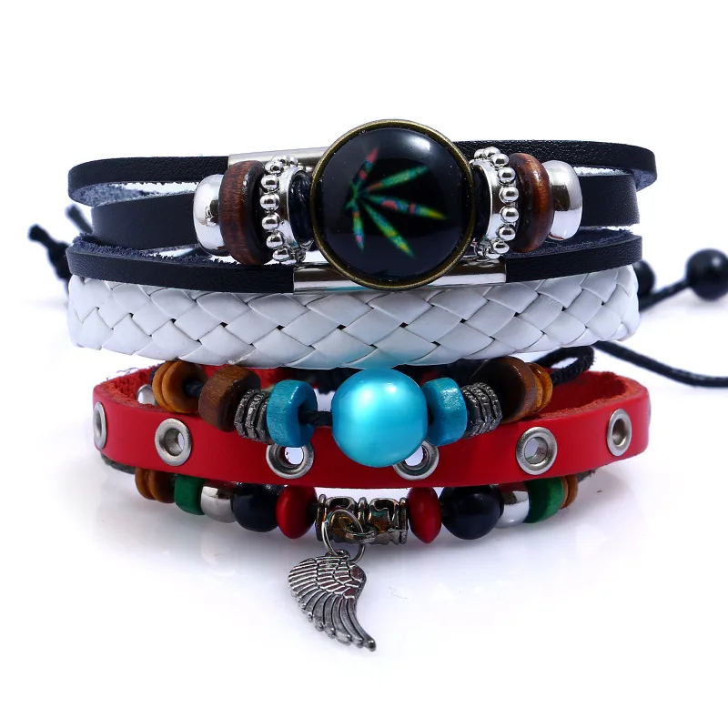 3pcs/set black white genuine leather blue beads ball silver metal wing maple leaf punk vintage women bracelet men bangle gift | Украшения и