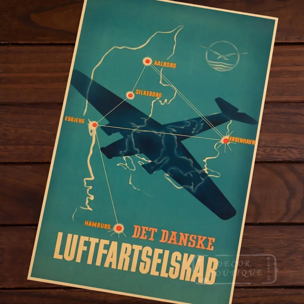 Датская самолётная дорожка самолёт винтажная Картина на холсте в стиле ретро