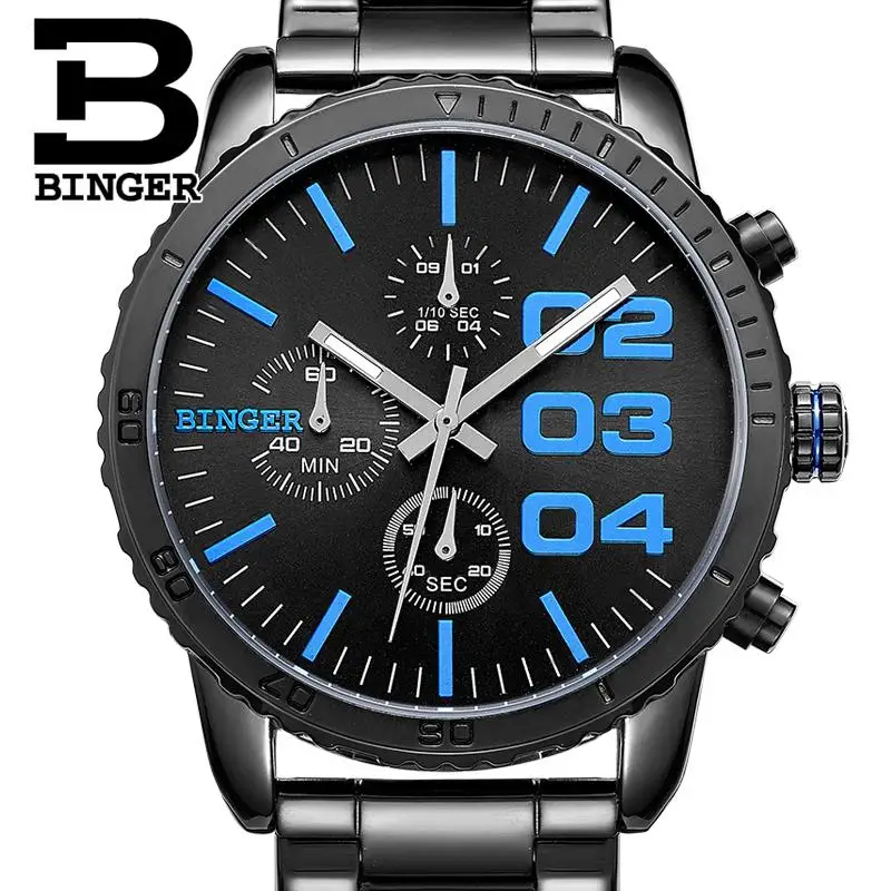Switzerland BINGER watches men luxury brand Quartz waterproof Chronograph Stop Watch leather strap Wristwatches B9007-4 | Наручные часы