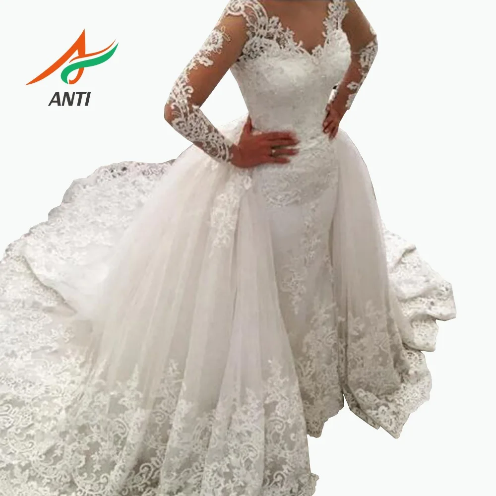 ANTI Luxury Lace Long Sleeve Mermaid Wedding Dress with Detachable Skirt Backless Court Train Saudi Arabia Bridal Wedding Gowns
ANTI Luxury Lace Long Sleeve Mermaid Wedding Dress with Detachable Skirt Backless Court Train Saudi Arabia Bridal Wedding Gowns