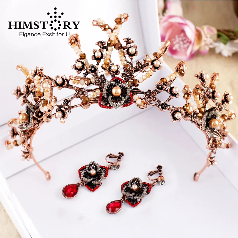 

HIMSTORY New Vintage Gorgeous Flower Branch Hair Crown Delicate Uique Designs Black Crystal Queen Princess Queen Tiaras Hairwear