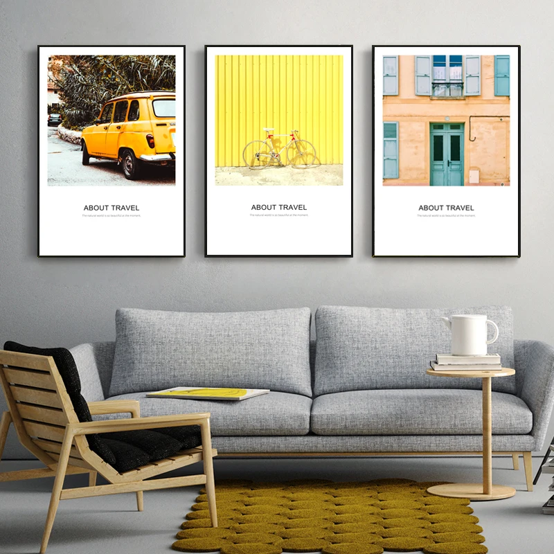 Женский велосипедный пейзаж желтый автомобиль ретро картина холст плакат