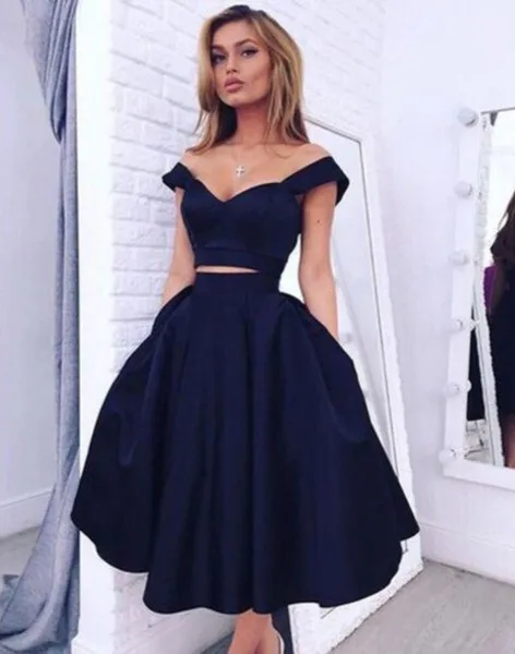 Navy Blue Homecoming Dresses A-line Off The Shoulder Tea Length Two Pieces Elegant Cocktail Dresses
Navy Blue Homecoming Dresses A-line Off The Shoulder Tea Length Two Pieces Elegant Cocktail Dresses
