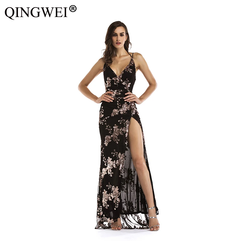 QINGWEI Sexy lace up halter sequin party dresses women High split maxi dress festa female Christmas 2019 long dress vestidos
QINGWEI Sexy lace up halter sequin party dresses women High split maxi dress festa female Christmas 2019 long dress vestidos