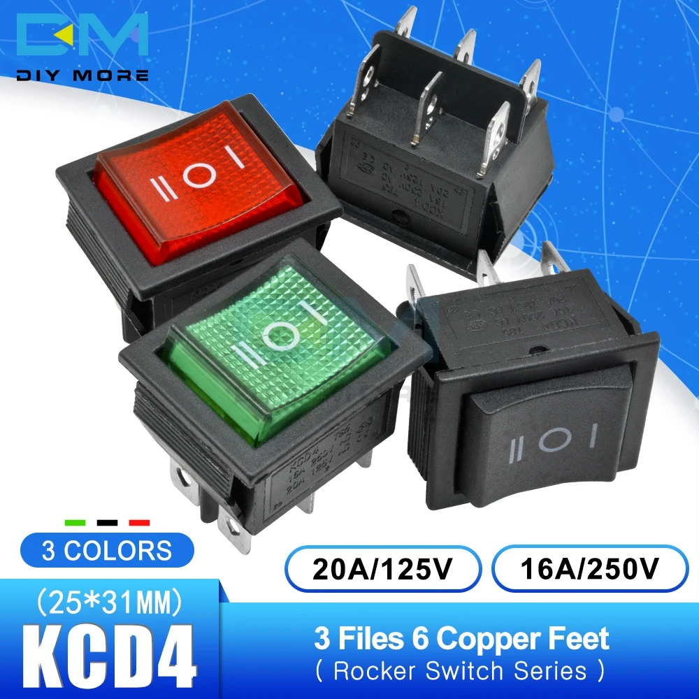 KCD4 Rocker Switch Power Touch On/off Switch 3 Positions 6Pins Feets Ship Type with light 16A 250V 25*31mm Red Green Black
KCD4 Rocker Switch Power Touch On/off Switch 3 Positions 6Pins Feets Ship Type with light 16A 250V 25*31mm Red Green Black