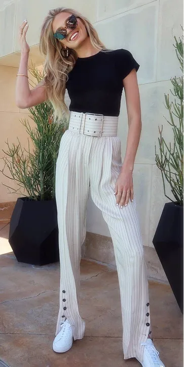 Fashion women set spring summer black t shirt striped long pants with belt set two piece new arrival
Fashion women set spring summer black t shirt striped long pants with belt set two piece new arrival