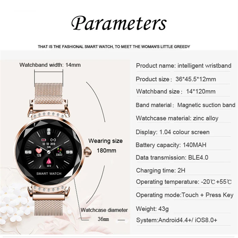 2019 Newest Fashion H2 Smart Watch Women 3D Diamond Glass Heart Rate Blood Pressure Sleep Monitor Bracelet Best Gift Smartwatch |