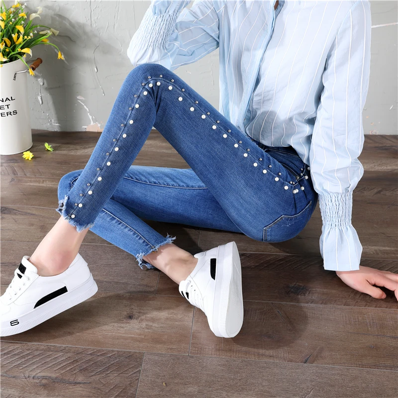 Hight Waist Jeans Summer 2018 Skinny Pearl Jeans Wash Jeans Blue Zipper Fly Plain Side Stripe Denim Jeans Women Casual Trousers
Hight Waist Jeans Summer 2018 Skinny Pearl Jeans Wash Jeans Blue Zipper Fly Plain Side Stripe Denim Jeans Women Casual Trousers