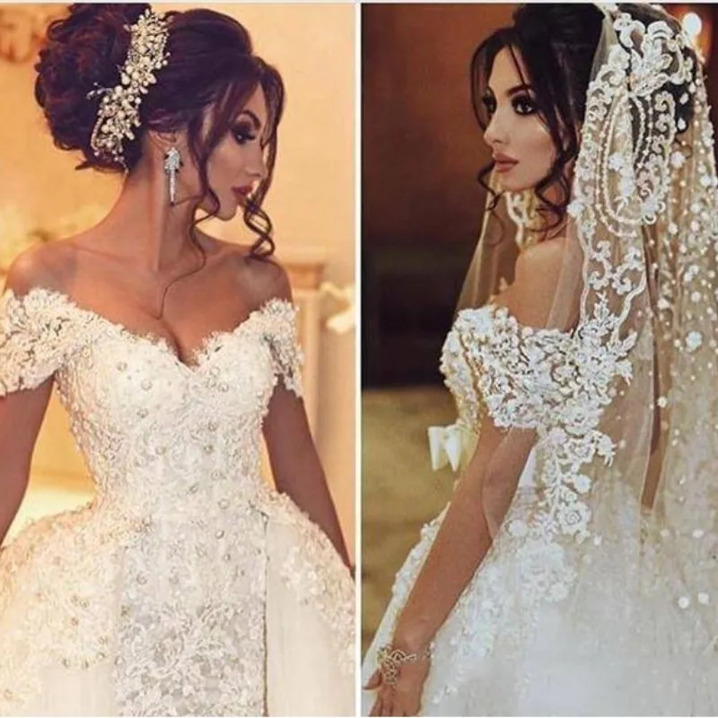 Vintage Arabic Dubai Mermaid Wedding Dresses with Detachable Skirt Pearls Off the Shoulder Plus Size Lace Bridal Gowns
Vintage Arabic Dubai Mermaid Wedding Dresses with Detachable Skirt Pearls Off the Shoulder Plus Size Lace Bridal Gowns