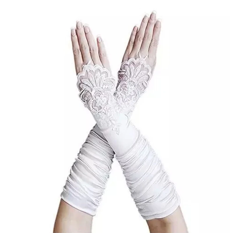Elegant Women Bridal Gloves Fingeless Elbow Long Lace Beaded Wedding Accessories | Свадьбы и торжества