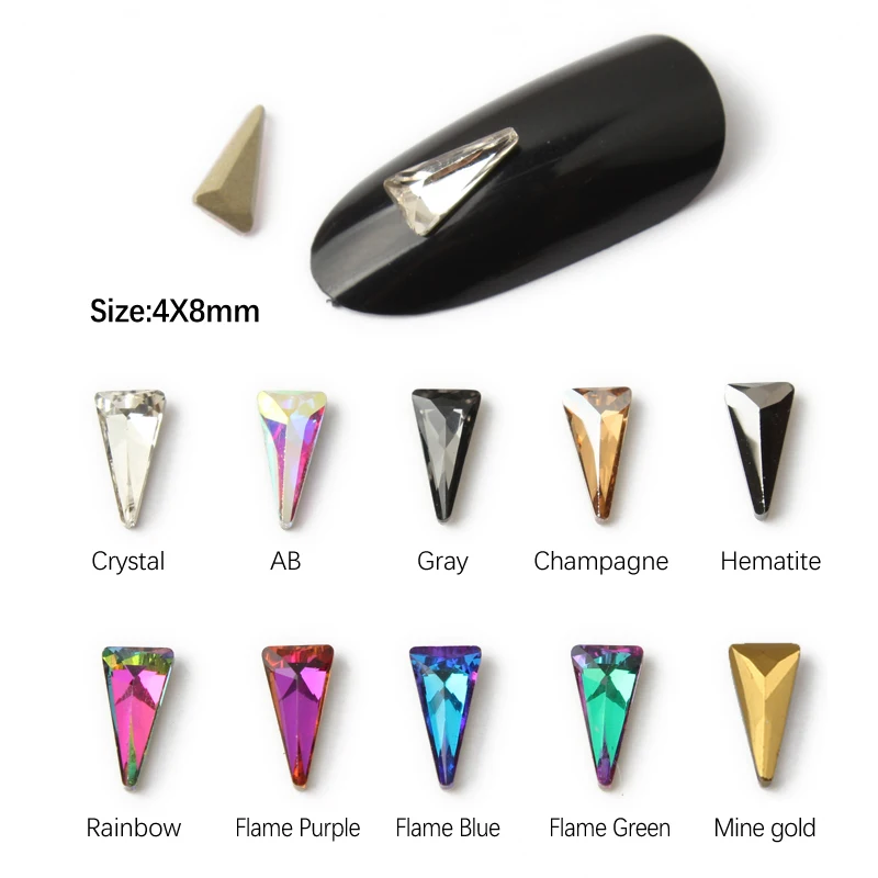 Hot sale Long Triangle 4x8mm Nail Art Rhinestones 10 colors Fancy Crystal stones 30/100Pcs For 3D Nail art decoration
Hot sale Long Triangle 4x8mm Nail Art Rhinestones 10 colors Fancy Crystal stones 30/100Pcs For 3D Nail art decoration