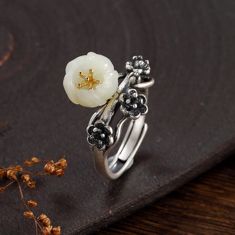 New Arrival silver S925 pure silver retro natural Hetian jade white jade inlaid plum blossom lady open ring ring wholesale
New Arrival silver S925 pure silver retro natural Hetian jade white jade inlaid plum blossom lady open ring ring wholesale