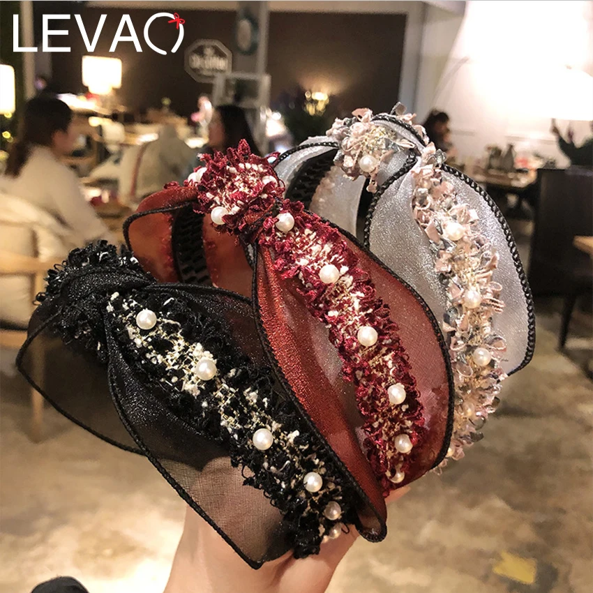 Levao новинка Кружевная повязка на голову с блестками и жемчужными бусинами для