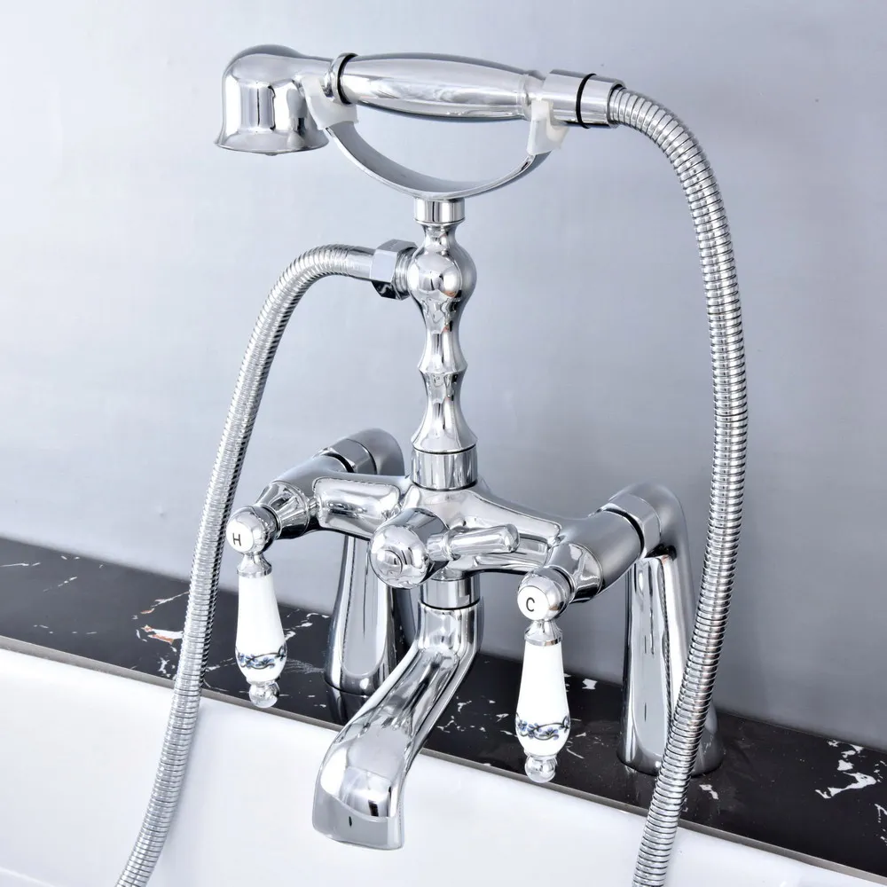 

Polished Chrome Deck Mounted Bathroom Tub Faucet Dual Handles Telephone Style Hand Shower Clawfoot Tub Filler atf766