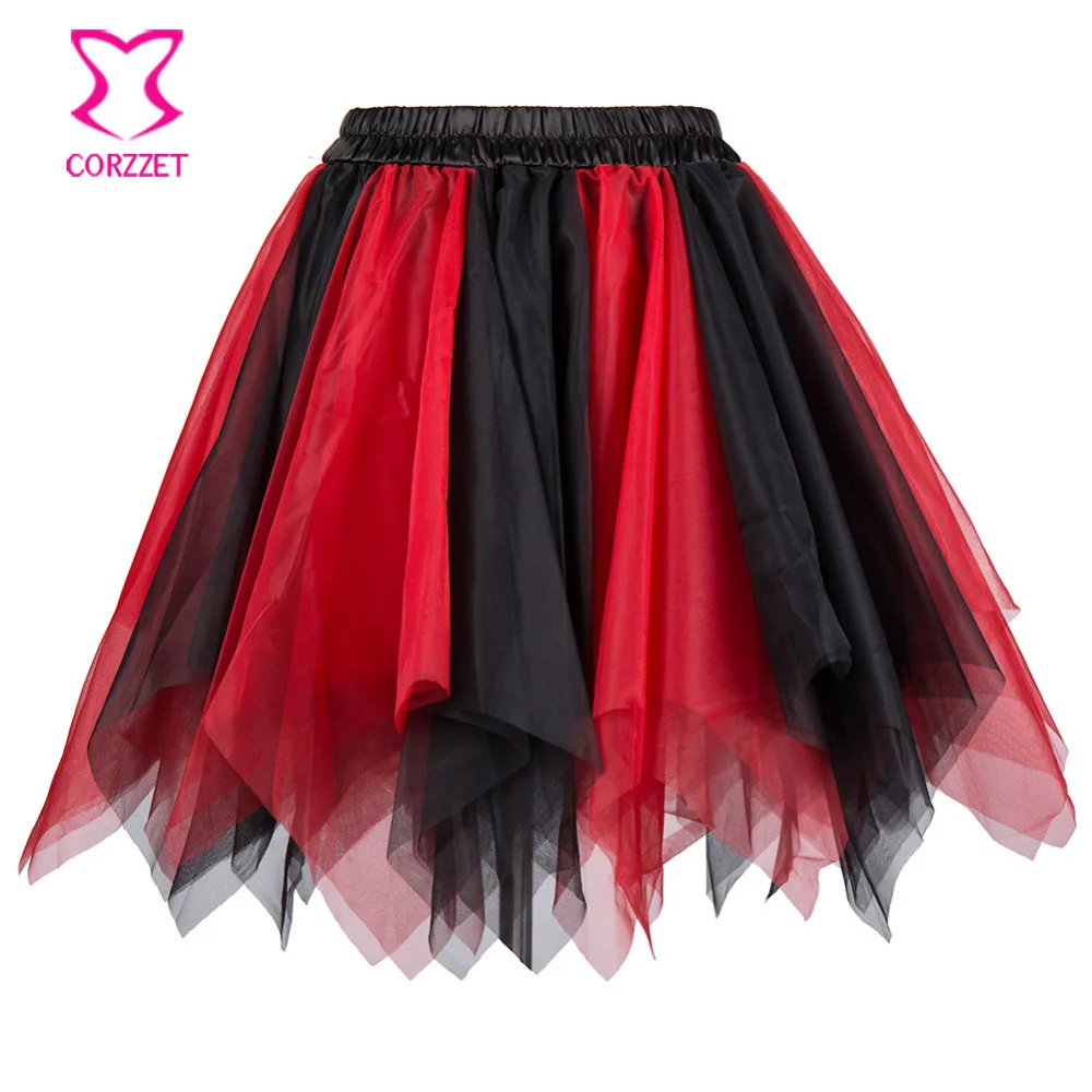 

Black Red Asymmetrical Ruffle Layered Mesh Tulle Skirt Burlesque Costumes Petticoat Sexy Adult Tutu Skirt Women Corset Skirts