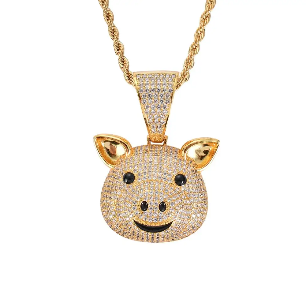 Мужское Латунное ожерелье подвеска со свиньей из фианита Золотистое Ожерелье В