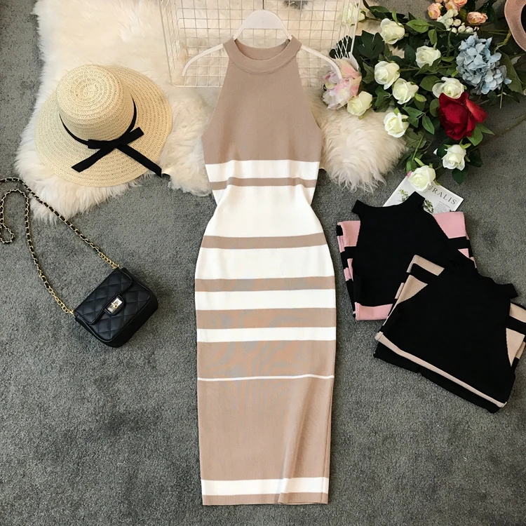 Women's spring summer halter neck contrast color elastic medium long dress female high waist striped slim chic dress TB1231
Women's spring summer halter neck contrast color elastic medium long dress female high waist striped slim chic dress TB1231