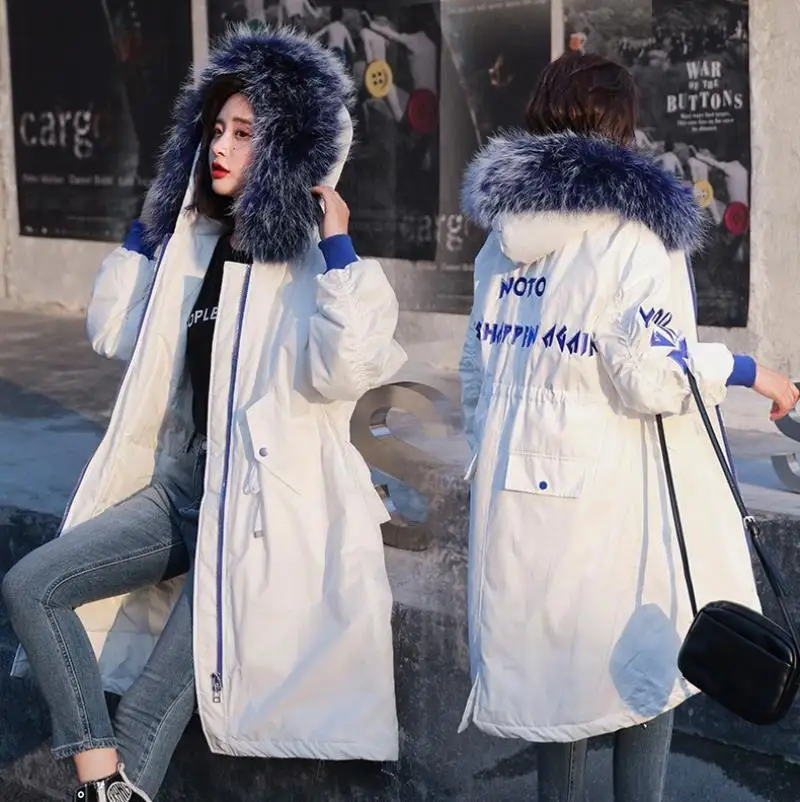 Winter large size women's down cotton pad embroidery letters long large fur collar casual jacket parkas
Winter large size women's down cotton pad embroidery letters long large fur collar casual jacket parkas