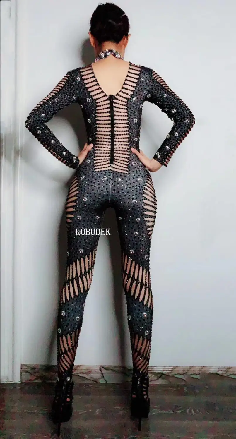 

Sparkly Black Rhinestones Skinny Jumpsuit 3D Printed Long Sleeve Tights Prom Party Women Rompers Concert Singer Dancer Costume
