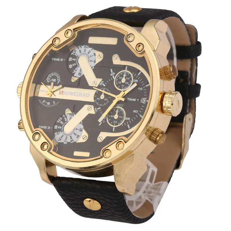 Brand Shiweibao Quartz Watches Men Fashion Watch Leather Strap Golden Case Relogio Masculino Dual Time Zones Military Wristwatch | Наручные
