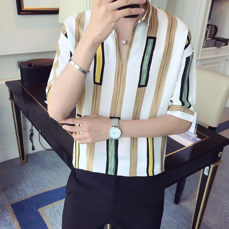 LOLDEAL Summer Stripe Contrast Color Shirt Men Half Sleeve Casual V-neck Shirt Social Shirts Male Short Sleeve Loose Shirt
LOLDEAL Summer Stripe Contrast Color Shirt Men Half Sleeve Casual V-neck Shirt Social Shirts Male Short Sleeve Loose Shirt