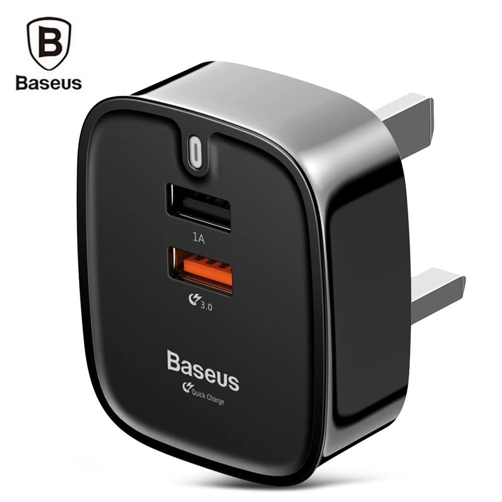 BASEUS фунзи QC 3.0 Dual USB Smart Travel Зарядное устройство Великобритания Plug Светодиодный