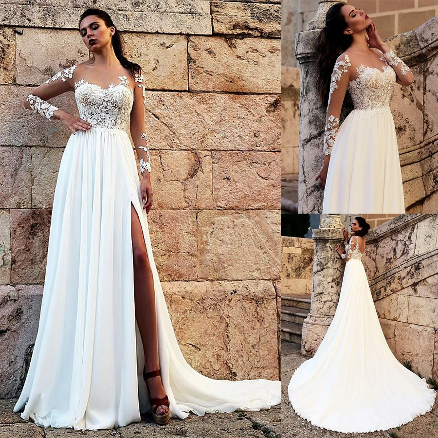 Привлекательное шифоновое прозрачное украшенное драгоценностями свадебное платье А-силуэта с кружевной аппликацией, длинными рукавами и ...
Привлекательное шифоновое прозрачное украшенное драгоценностями свадебное платье А-силуэта с кружевной аппликацией, длинными рукавами и ...