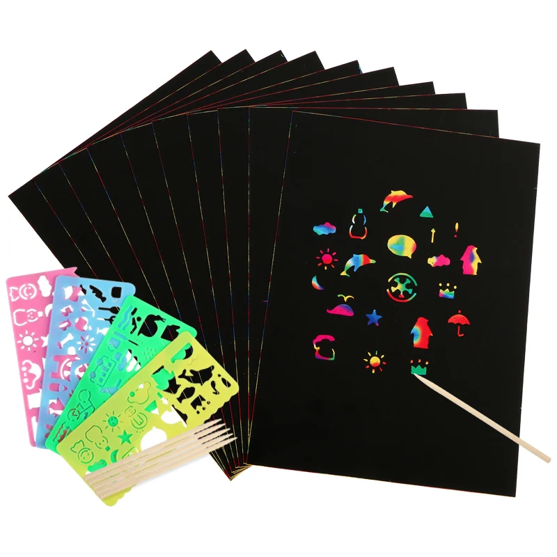 50pcs A4 size Scratch Paper Color Scraping Painting Paper with Graffiti Stencil Kids Kindergarten DIY Drawing Picture Craft Toy
50pcs A4 size Scratch Paper Color Scraping Painting Paper with Graffiti Stencil Kids Kindergarten DIY Drawing Picture Craft Toy