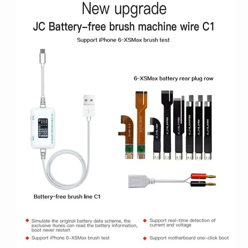 JC C1 Smart Repair Cable IP Current and Voltage Detector for IP 6 6s 7 8 8P X Motherboard Fault Charging Rooting Repair
JC C1 Smart Repair Cable IP Current and Voltage Detector for IP 6 6s 7 8 8P X Motherboard Fault Charging Rooting Repair
