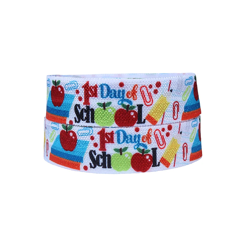 Wholesale school kids foe ribbon, 5/8" 1st day of school theme printed fold over elastic
Wholesale school kids foe ribbon, 5/8" 1st day of school theme printed fold over elastic