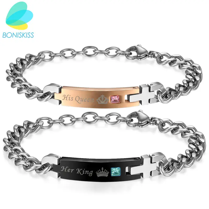 

BONISKISS Self Design Lovers' Bracelets Customize Gift For Lover "His Queen""Her King " Stainless Steel Bracelet Jewelry Bijoux