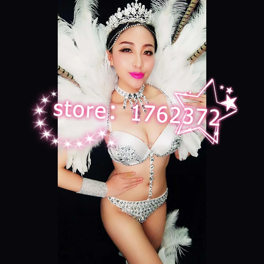 New Arrival Stage Costume Female Singer Women Dance Outfit Performances Wear Dancers DJ DS JAZZ White Feather Bikini Sexy Show |