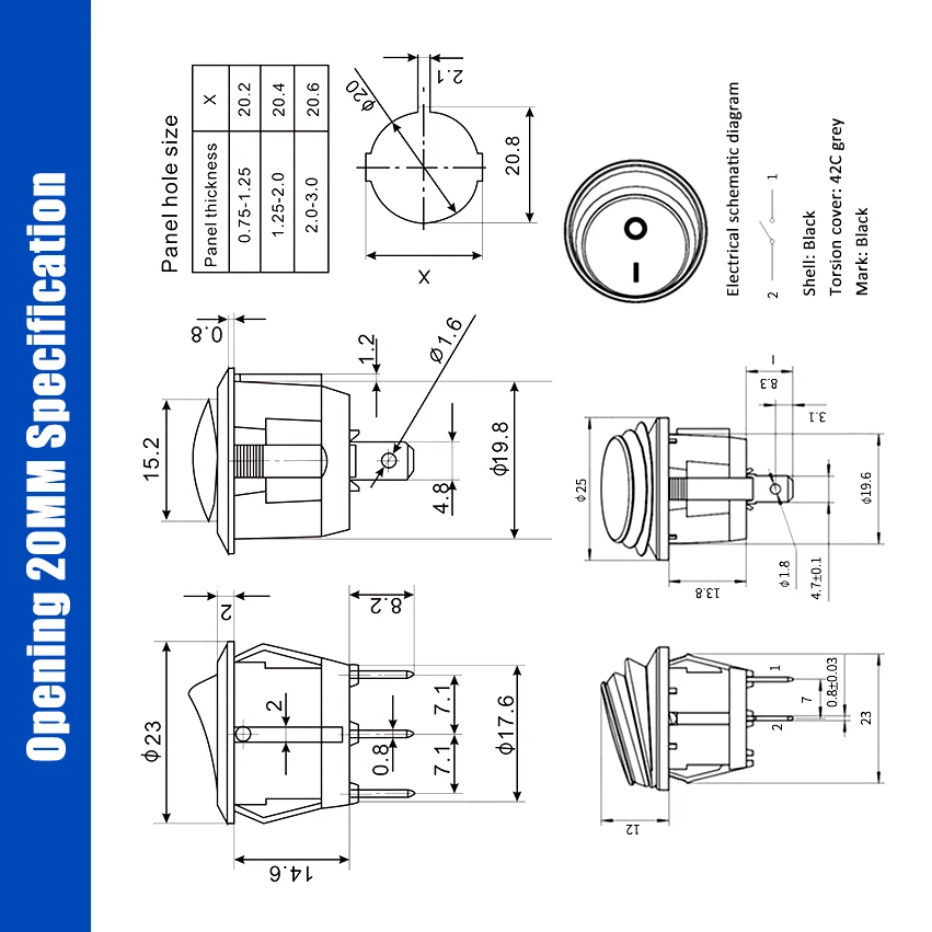 5 шт. AC 6A/250 V KCD1 2PIN 3PIN 4PIN 20 мм вкл.-ВЫКЛ.-ВКЛ. круглый перекидной клавишный