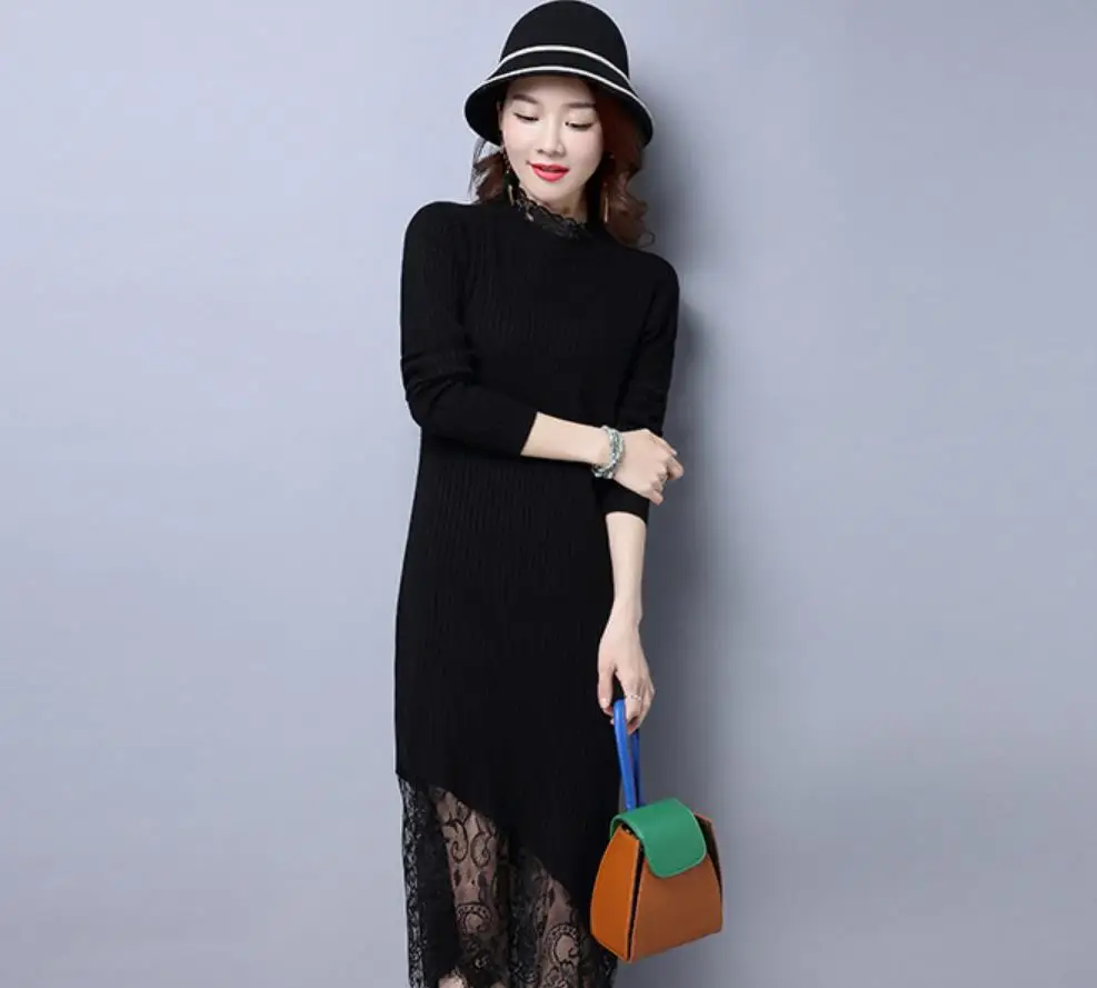 2019 spring new lace dress stitching bottoming shirt women's long sleeves long knees slim dress 201919
2019 spring new lace dress stitching bottoming shirt women's long sleeves long knees slim dress 201919